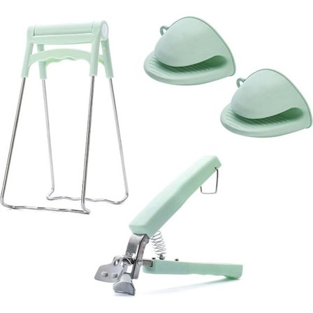 Sæt med 3 skålclips, skålholder, varme plader, skålclips, rustfri stål skålclips med skridsikkert silikonehåndtag til løft af varme skåle, grøn