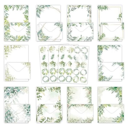 Brevpapir og konvolutter med bladdesign - 50 sæt + klistermærker