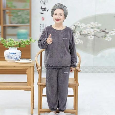 Medelålders Gamla Människor Velvet Pyjama Set Fleece Varm Lös Topp Och Elastisk Midja Byxor Hem Casual Varm Ull Kostym Mellan-A Övrigt Grey L