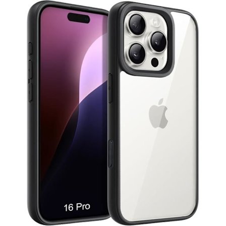 Skal till iPhone 16 Pro - Stötsäkert svart silikonskydd med genomskinlig PC-baksida