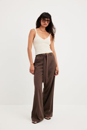 NA-KD Trend Pantalon ample à taille nouée - Pantalons en lin - Brun - EU 42