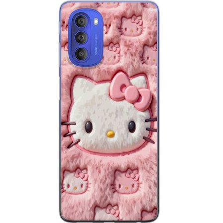 Kompatibelt Mobildeksel til Motorola Moto G51 5G Hello Kitty rosa fluffy bakgrunn med ikoniskt ansikt og kawaii-estetikk