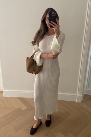 NA-KD Robe longue en maille à encolure ronde et volants - Robes maxi à manches longues - OffBlanc - L (EU 42-44)