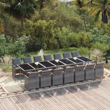 vidaXL Matgrupp för trädgården med dynor 15 delar konstrotting grå