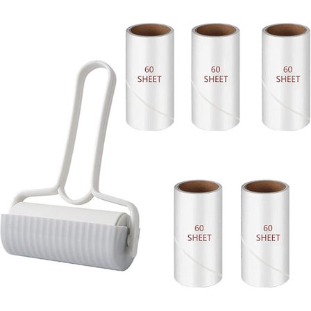 300 Ark Lintfjerner Ruller og Efterfyldninger, 1 Skaft og 5 Ruller med 60 Ark, Fjerner Dyrehår, Støv og Lint fra Tøj, Stoffer og Tæpper, C