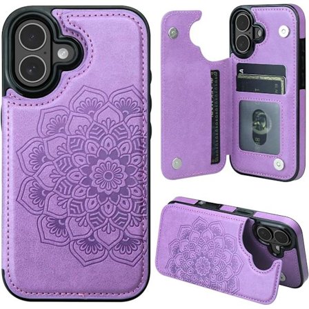 iPhone 17 Cover med Kortholder, Blomstret Magnetisk Knap Beskyttelses Wallet Cover til Kvinder til iPhone 17, Lilla