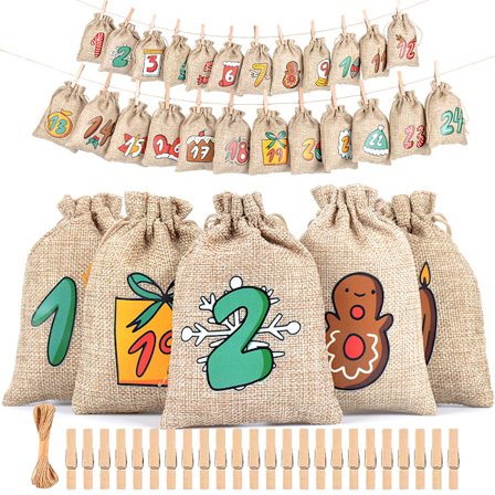 Julekalender Nedtællingskalender 1-24 Hængende Pose Lysende Linned Lynlås Slik Emballagepose