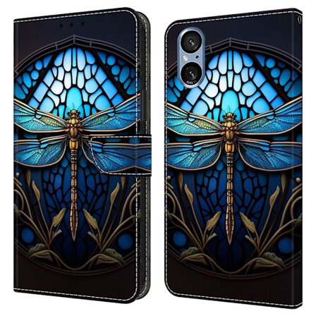 Sony Xperia 5 V Fodral med kortfack Mönster Tryckt Flexibelt+Vegan Läder Flip Telefonskal - Blå Trollslända