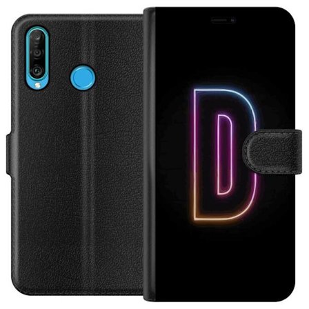 Kompatibel Tegnebogsetui til Huawei Huawei P30 lite Minimalistisk neonbogstav D i farveskiftende lys mod sort baggrund i moderne digital design