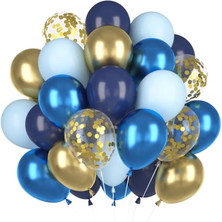 Ballonger, blå, guld, 60-pack, konfettiballonger, marinblå, helium, guld, metallisk, latex, ljusblå, för barn, män, födelsedag, bröllop