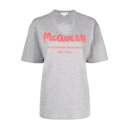 Alexander McQueen, T-shirt with Logo Grijs, Dames, Maat:S