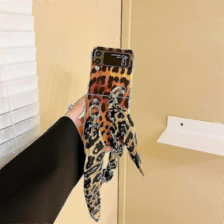 Leopardmønstret deksel kompatibelt med Samsung Galaxy Z Flip 4, støtsikkert hardt PC-deksel med håndrem