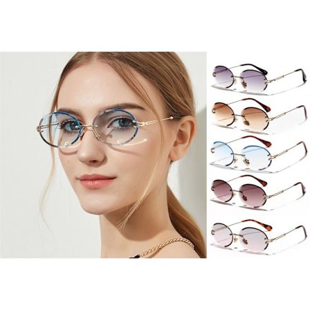 Rimless Oval Sunglasses Women Crystal Texture Glasses Frameless Sunglasses U