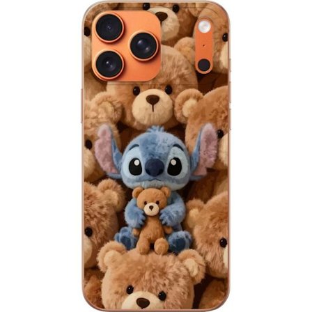 Kompatibel Mobilcover til Apple iPhone 17 Pro Max Stitch omgivet af brune teddybjørne med en lille teddybjørn i armene i en sød og hyggelig kawaii-des