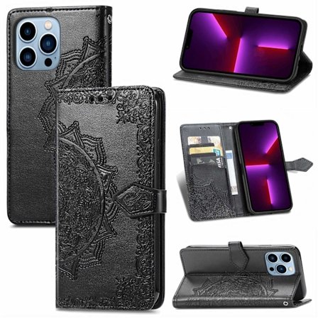Kotelo iPhone 13 Pro -puhelimelle, musta mandala-kuvioitu kohokuvioitu nahkainen läppätyylinen magneettikiinnitys