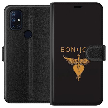 Kompatibelt Plånboksfodral till OnePlus Nord N10 5G Ikonisk musikillustration med bevingat hjärta och dolk i guldtoner på mörk bakgrund, kraftfull