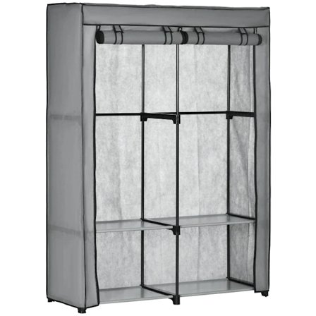 Rootz Stofgarderobe - Transportabelt stofskab - Sammenfoldelig knagerække - 4 hylder - 2 hængeskinner - Stål+Non-woven - Lysegrå - 118 x 49 x 170 cm