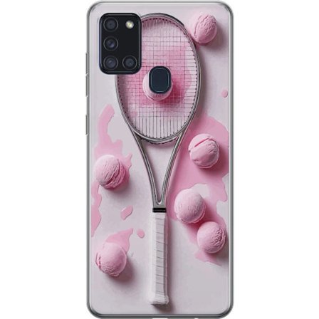 Kompatibel Mobilcover til Samsung Samsung Galaxy A21s Rosa glaskugler og tennisketsjer i et kreativt stillbillede med legende popfølelse og moderne d
