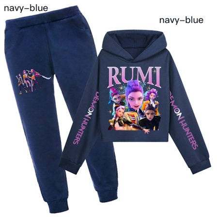 Kpop Demon Hunter Girls 2-i-1 Erme Crop Hettegenser Sett - Kongeblå[JSR]