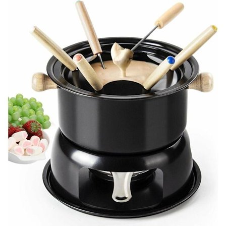 Fondue Set Bourgogne Ostfondue Rostfritt Stål med 6 Gafflar Chokladfondue Ostfondue Lätt att bära (Svart) KLB
