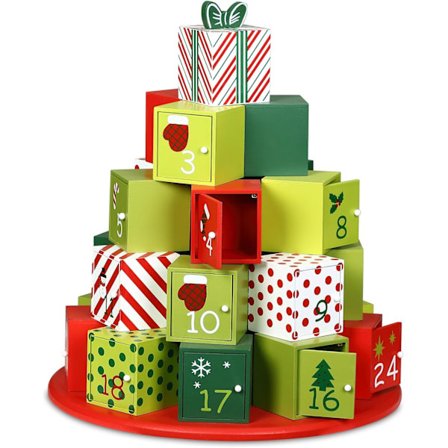 Håndlavet rund julekalender i træ med 24 rum og magnetiske lukkedøre. Genanvendelig juledekoration