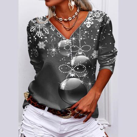 Dam Långärmad V-hals Dragkedja Baggy Tee T-shirt Med Print