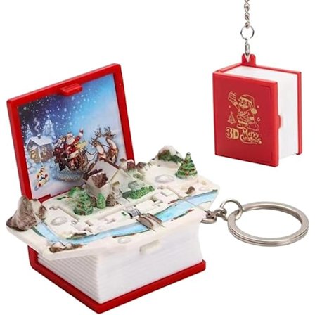 3D-kirja-avainketju, kirja-avainketju, ponnahduslelu taitettava kirja-avainketju, luova reppu riipus, söpö avainketju, naisten joulukuusen koriste