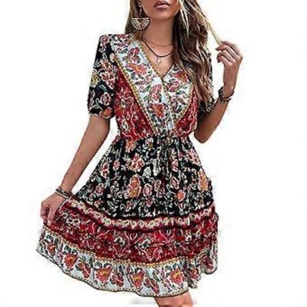 Naisten kesäinen kietaisumallinen V-kaula-aukkoinen lyhythihainen minimekko röyhelöhelmainen A-linjainen mekko kesän cocktailtilaisuuksiin lyhyet 