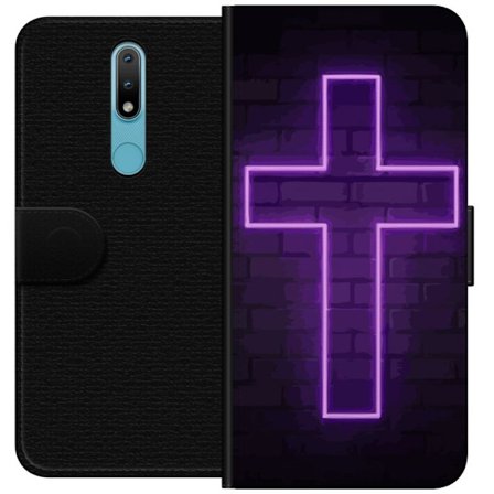 Yhteensopiva Lompakkokotelo Nokia Nokia 2.4 Neonristi purppuranvalossa tummaa tiiliseinää vasten, symbolinen motiivi vahvalla hohto moderni esteetti
