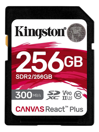 Kingston Canvas React Plus 256GB SD-kort, UHS-II, V90, 300MB/s lesehastighet, 260MB/s skrivehastighet