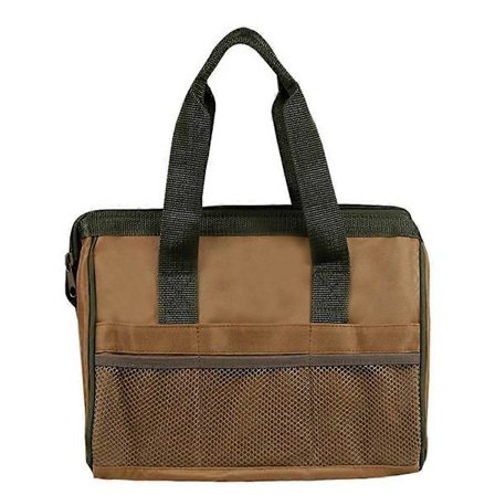 Værktøjstaske med lynlås, bred åbning, udvendige lommer til værktøjsorganisering, brun RTA