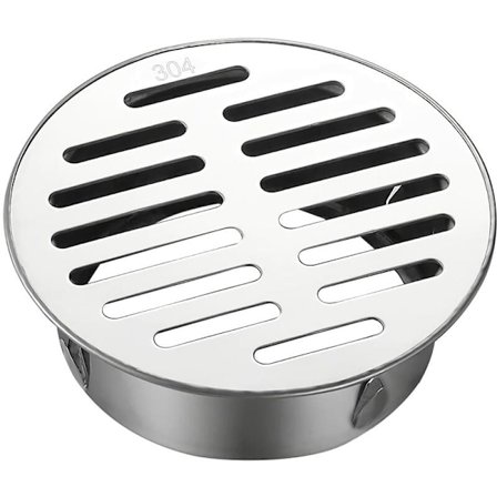 Pyöreä ruostumattomasta teräksestä valmistettu lattiakaivo, jossa on tukkeutumisenestohylsy