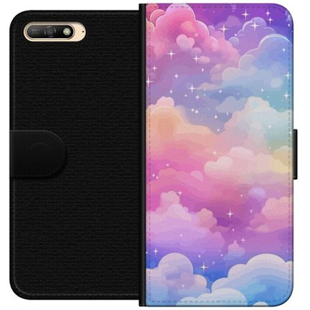 Kompatibelt Lommeboketui til Huawei Y6 (2018) Søt enhjørning med regnbuefarget hår mot en stjernebelagt pastellbakgrunn i kawaii-stil