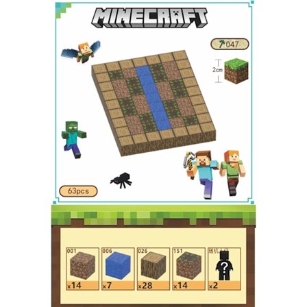 Minecraft byggeklosser, inkludert 63 seks-sidige magnetiske leker og 2 figurer, i en rustikk stil.