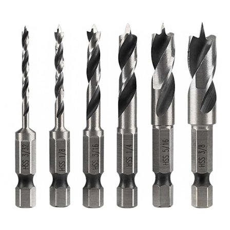 6 stk. sekskantet skaft træbor sæt, 1/4" skaft HSS spiralbor til træ, metal, plast og Bosch 6MM sekskantet skaft roterende