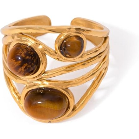 Västerländsk Fängslande Tigeröga Stenring, 8 * 10mm Ovalslipad Ädelsten 18K Guldpläterad Stapel 13mm Bred Ribbad Textur Band Uttalande Ring för 