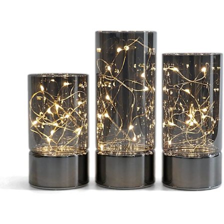 LED-lampa, batteridriven, med timer, dekorativ grå glaslykta, inbyggda ljusslingor, varmvitt ljus, grå