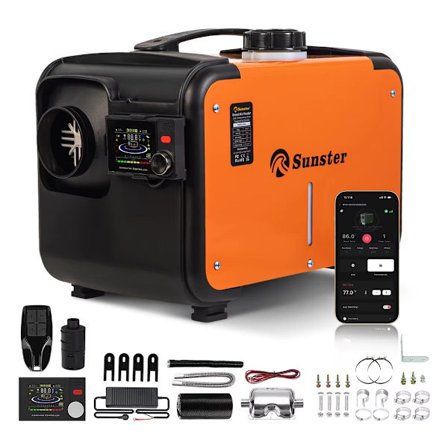 Sunster 8KW Diesel-lämmitin 12/24V & 230V – Ilmalämmitin Bluetoothilla, ilmanvaihdolla & start/stop-toiminnolla