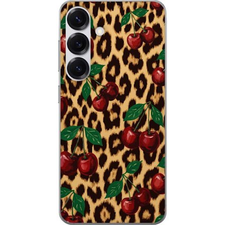 Kompatibelt Mobildeksel til Samsung Galaxy S25 Kirsebær leopard mønster kirsebær kjærlighet leopard bakgrunn retro rockabilly pinup stil design