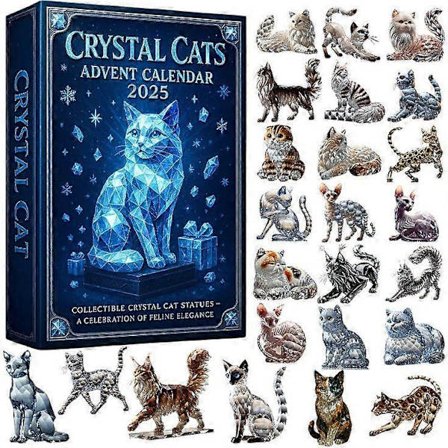 Crystal Cats Julekalender 2025, Jule Nedtellingskalender, 24 Forskjellige Raser 2D Akryl Crystal Cats Ornamenter, Juletrepynt