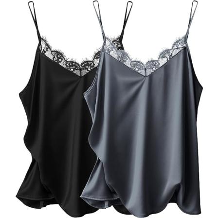 Ekouaer Naisten 2 Pakkautta Satiini Silkki Camisole Pitsi Yläosa Spaghetti Strap Tank Topit Perus Cami Top XL