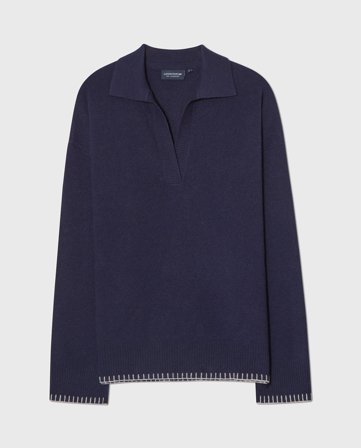Lexington Merinowolle gestrickter Polopullover, Dunkelblau