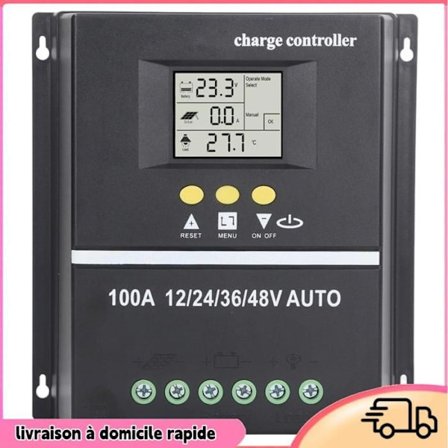 MPPT 100A Solcellekontroller, LCD-skjerm, sikkerhetsspenning, kompatibel med GEL, oversvømte og solcellebatterier