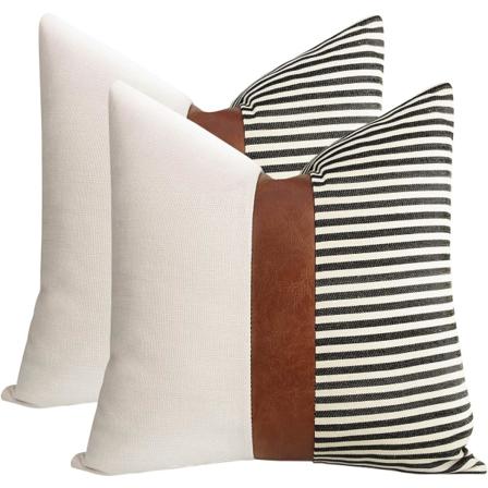 Sæt med 2 Farmhouse Decor Stripe Patchwork Linned Pudebetræk