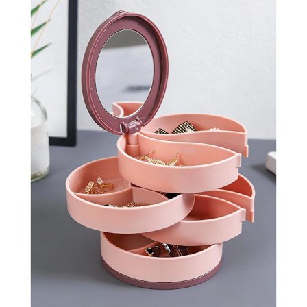 Roterende smykkeskrin med flere lag - Kompakt og elegant for øredobber og smykker - Vektfri og støvfri - Rosa