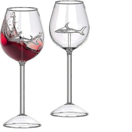 Sett med 2 haiglass, rødvinsglass med hai inni, krystallfløyter, gobletter, nyhetsgave