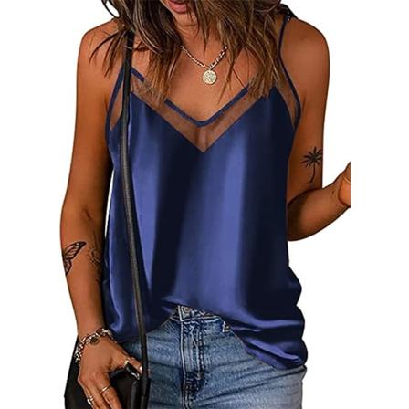 Satin Mesh V-hals Tank Top Dame Cami Top Silke Camisole Casual Bluse(stor)