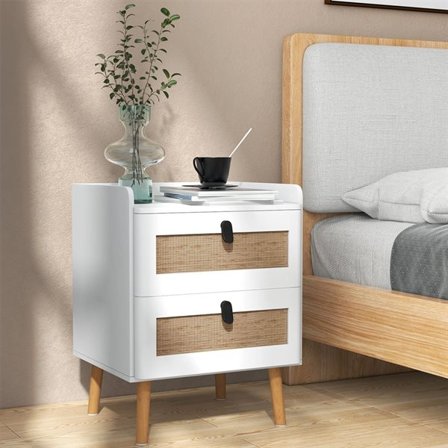 Nattbord med Rotting – Hvit MDF med 2 Skuffer