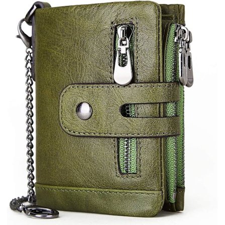 Herreveske med kjedeblokkering, ekte lærveske for menn, tofoldsveske med kredittkortlomme og glidelåslomme for mynter