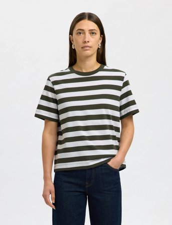 Selected Slfessential Ss Striped Boxy Tee Noos - Khaki green - S
